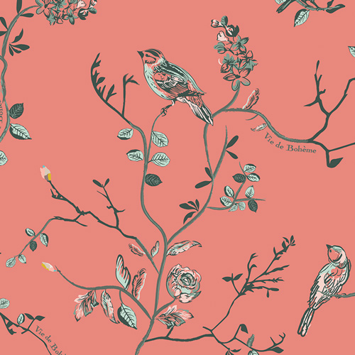 coral bird fabric, quilting cotton