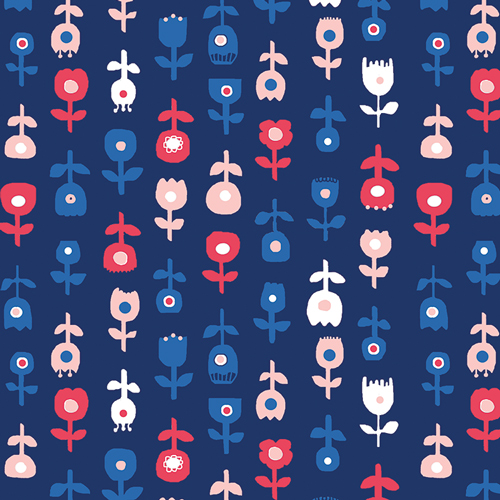 Nordic floral fabric, navy blue cotton