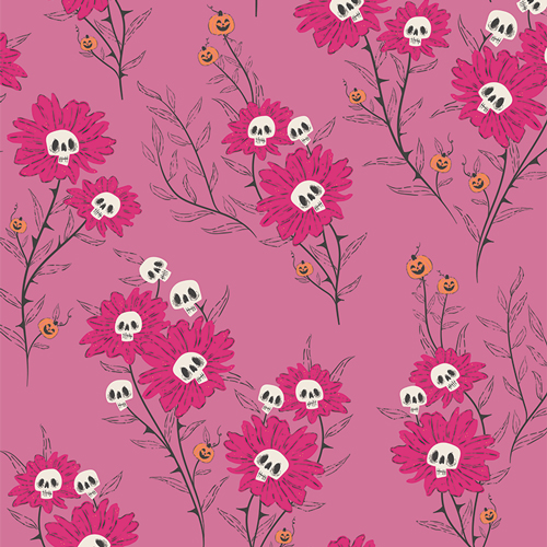 Pink Halloween Flower Fabric with skulls