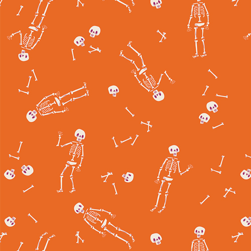 Skeletons dancing on orange background fabric