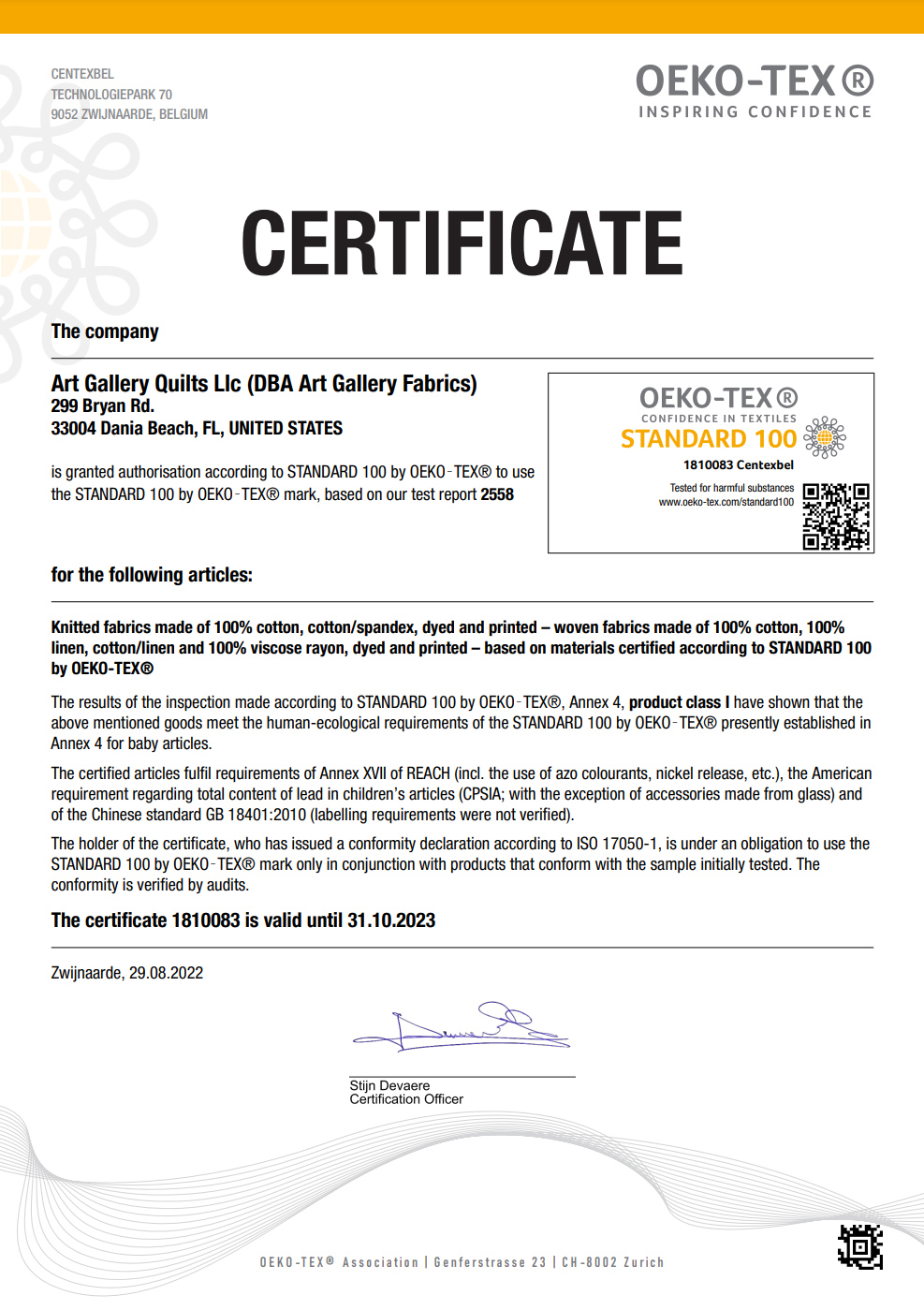 OEKO-TEX AGF Certificate - Art Gallery Fabrics